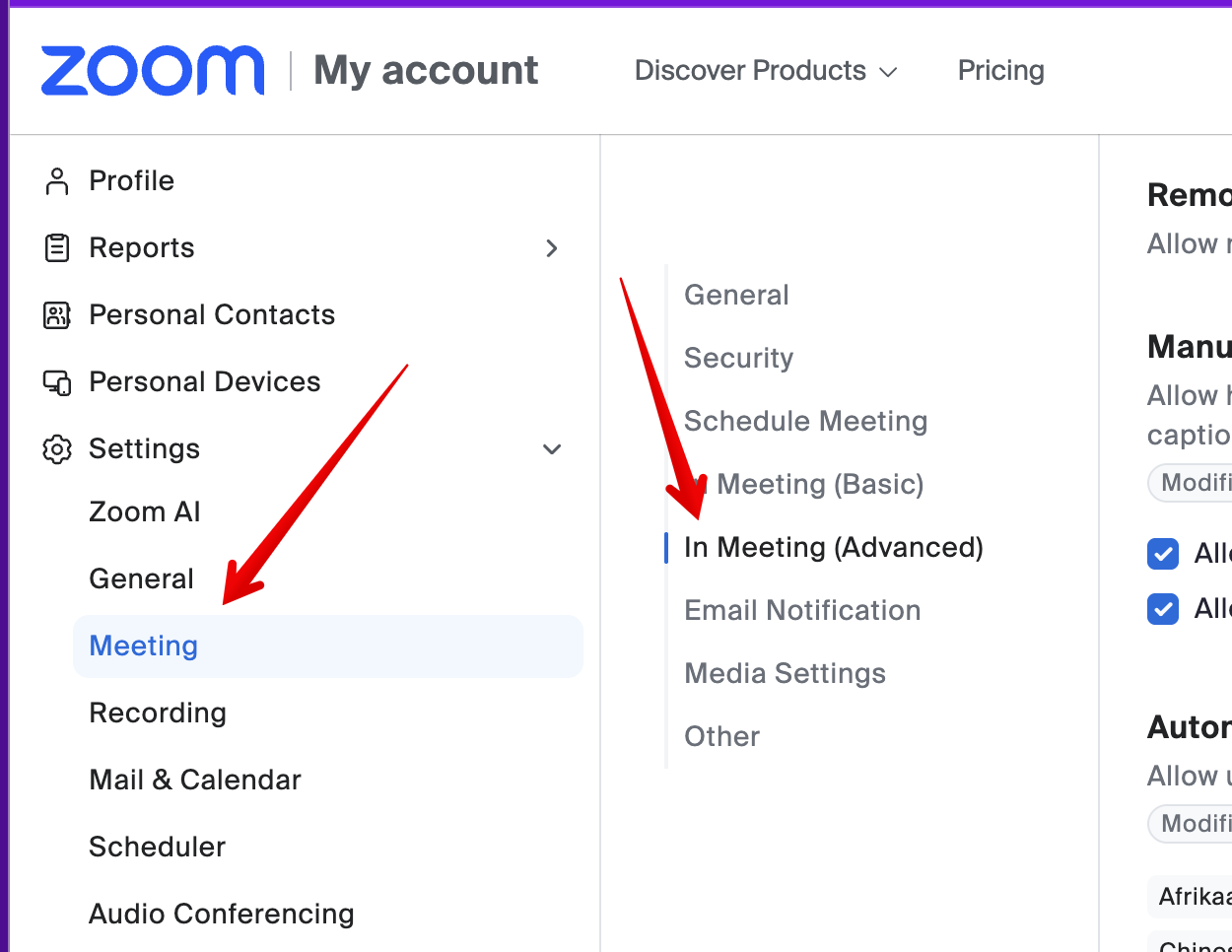 The Zoom settings and the In Meeting (Advanced) settings under the Meeting tab