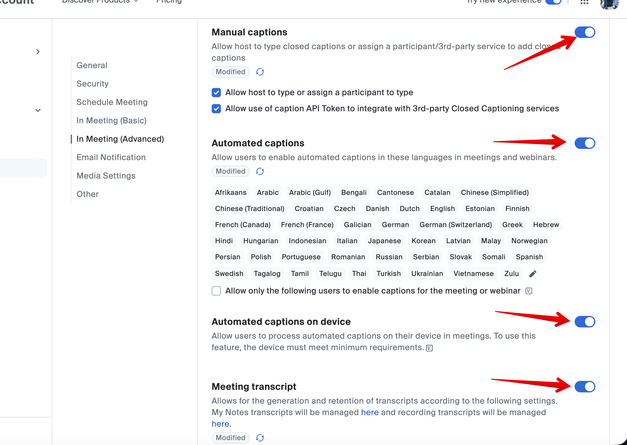 Enabling full transcript once captions is enabled.