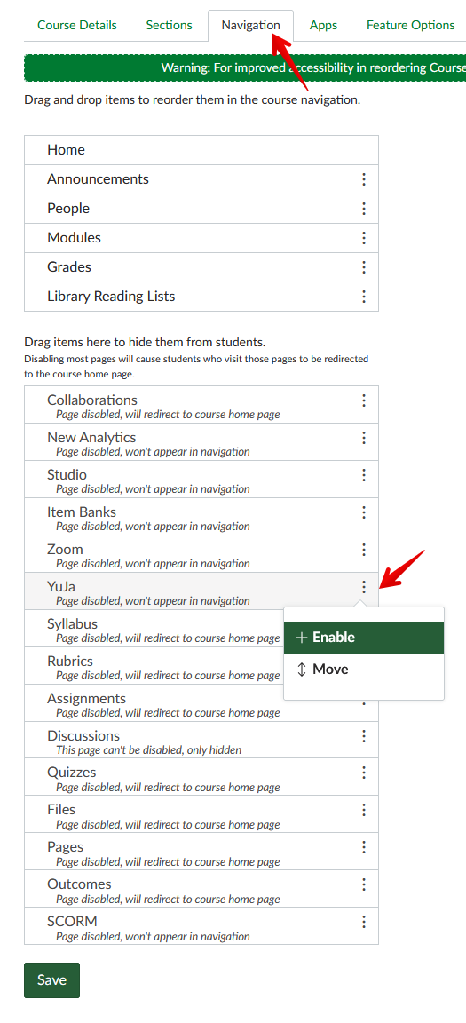 enable yuja in navigation settings