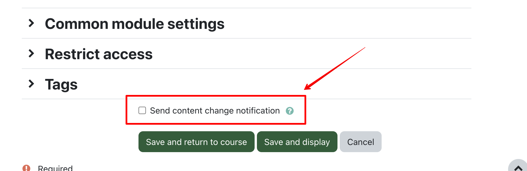 Screenshot of new content change notifcation checkbox