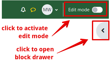 how to activate edit mode and open the block drawer
