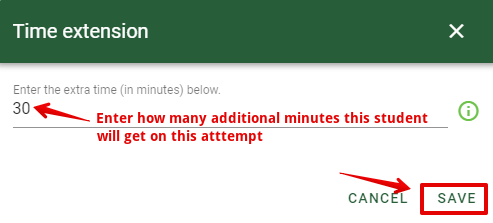 Adding thirty minutes of extra time on an Exam Lock attempt and clicking Save.