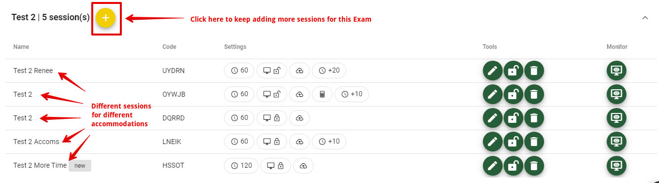 Showing multiple sessions for an Exam Lock exam as well as the plus button to add a new session.