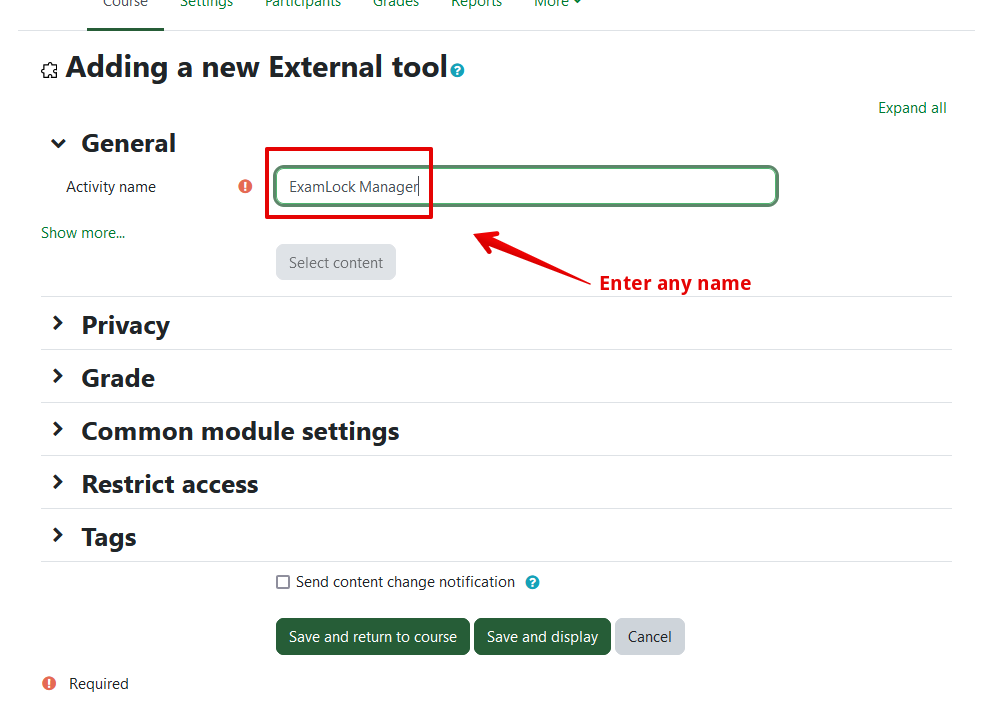 fill in the "activity name" field on the examlock settings page