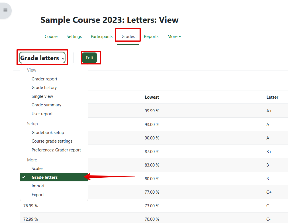 Select "letters" from grades dropdown