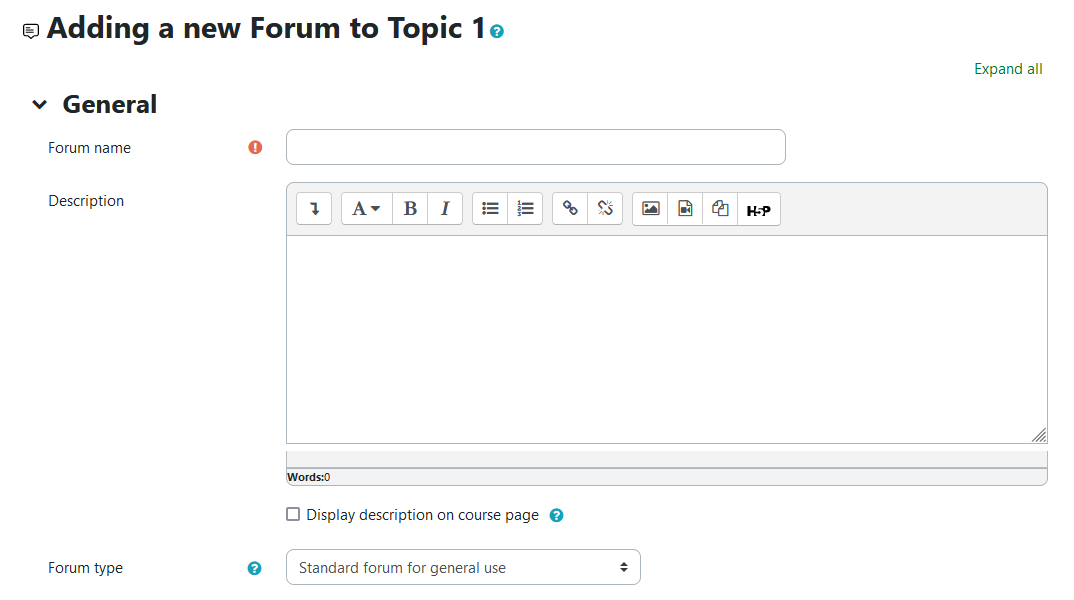 The General settings for a forum