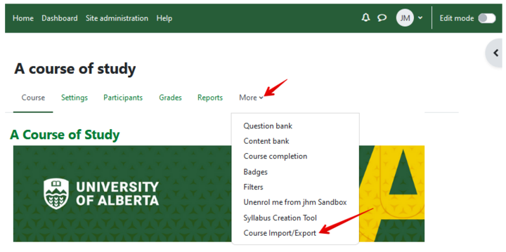 Select course import/export from the More menu