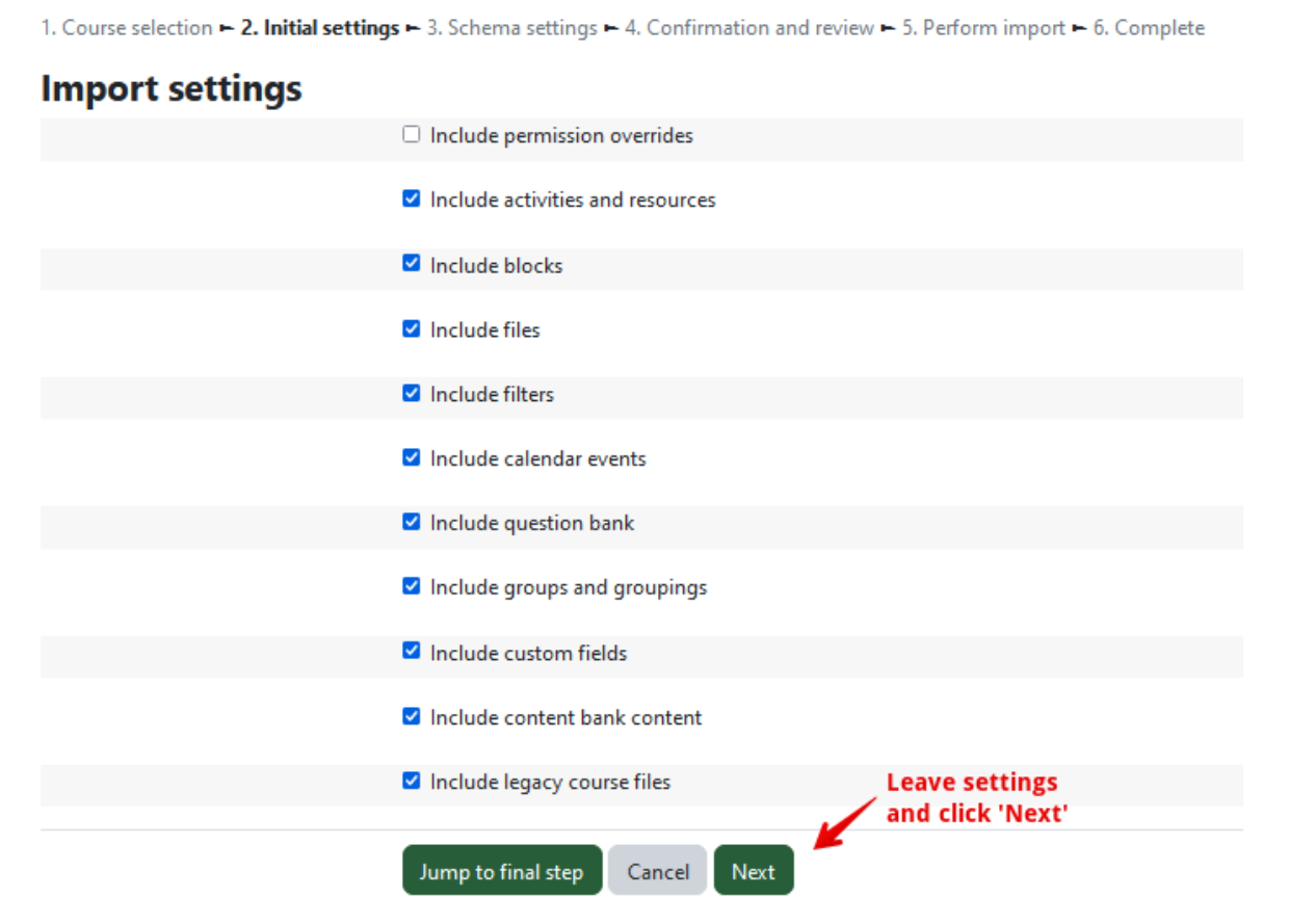 Leave the boxes checked under import settings and click next