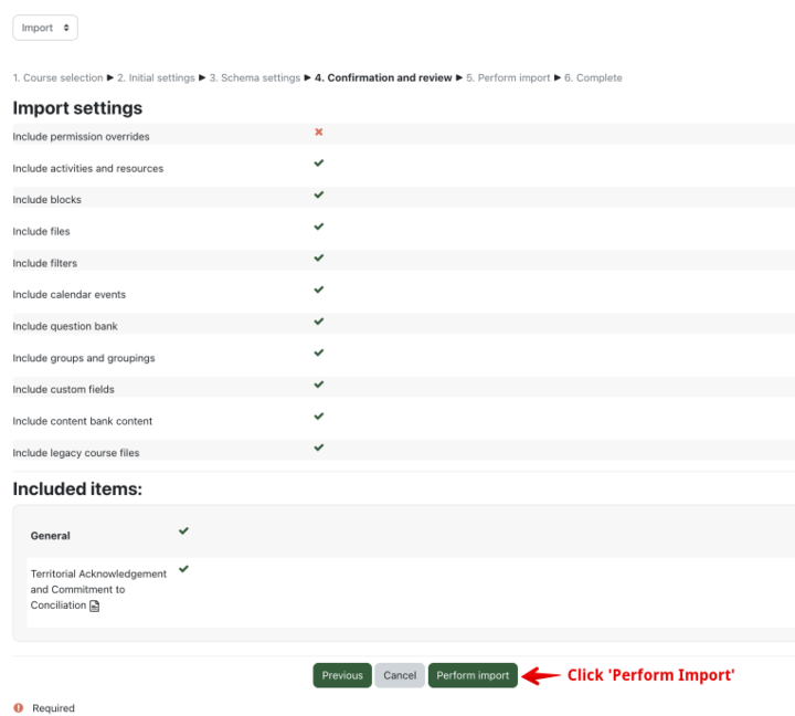 Scroll to the bottom of the summary and select 'Perform import'