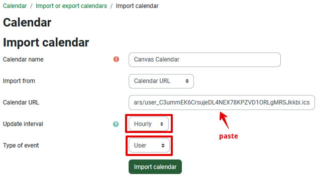 import calendar screen, paste the url here