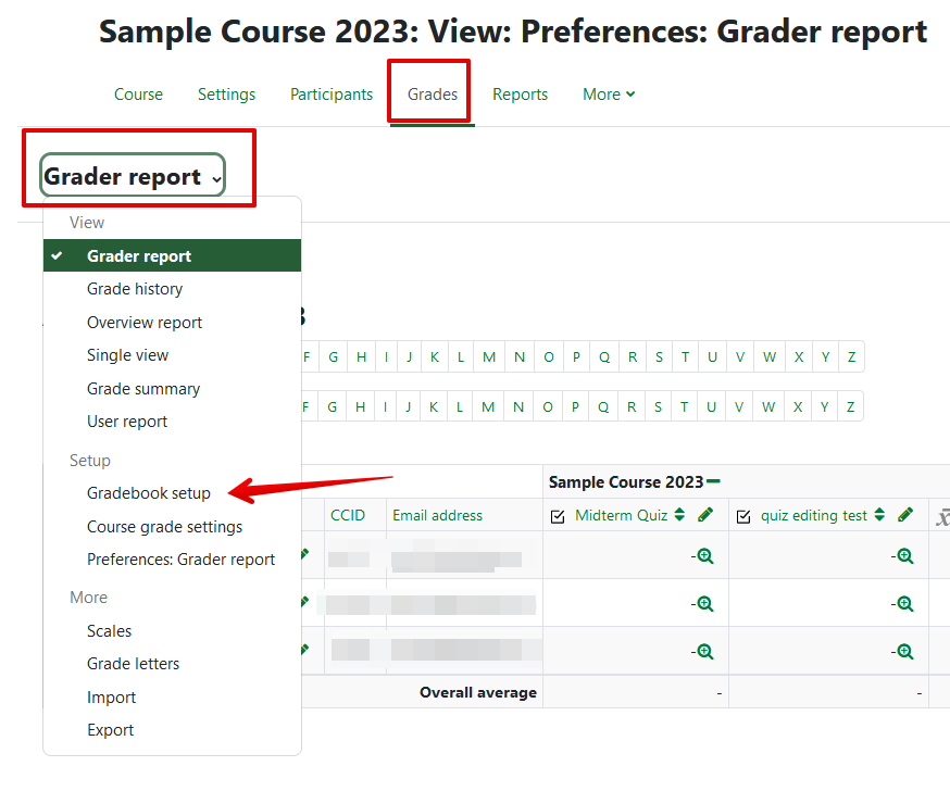 Navigating to gradebook setup from the course page