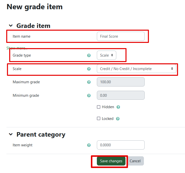 Enter options when adding a new grade item