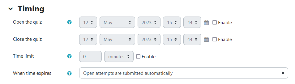 quiz timing settings