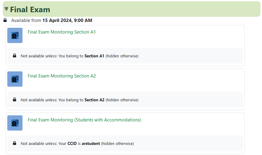 An example of a course using access restrictions to group SEM sessions