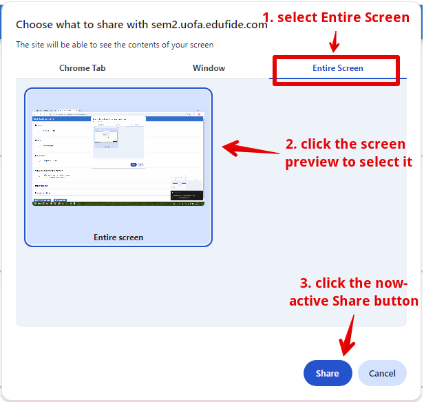 Share entire window, select preview screen and click share