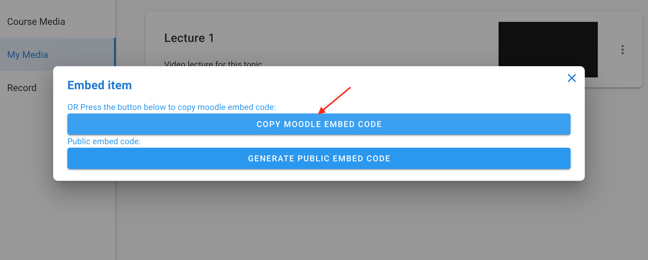 The Copy Moodle Embed Code button