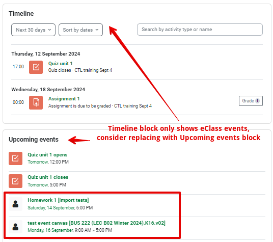 upcoming events block vs timeline block