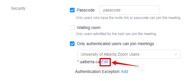 Clicking on Edit next to the U Alberta dot c a domain.