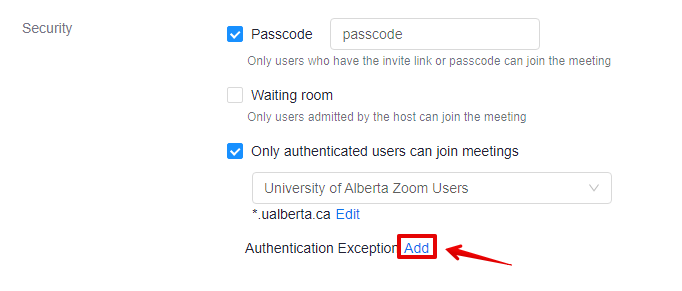 Clicking on Add next to Authentication Exception