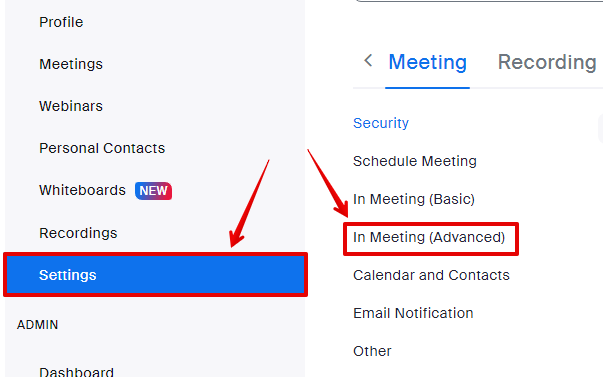 The Zoom settings and the In Meeting (Advanced) settings under the Meeting tab