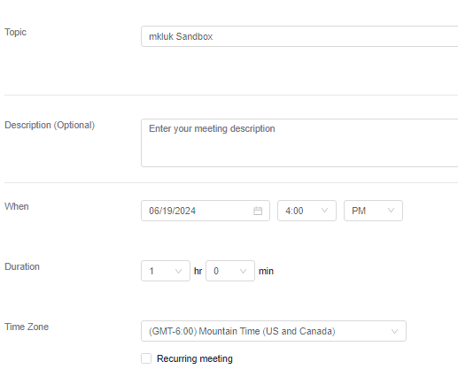 Part of the Zoom meeting interface, including Topic, Description, When, Duration, Time Zone, and Recurring Meeting