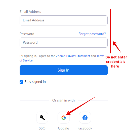 Signing in to Zoom with Google