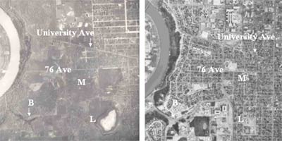 The McKernan Lake area of Edmonton in 1924 (left) and 2000 (right).
