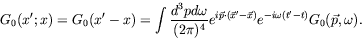 \begin{displaymath}
G_0(x^\prime;x) = G_0(x^\prime-x) = \int \frac{d^3pd\omega}{...
...rime-\vec{x})} e^{-i\omega(t^\prime-t)}
G_0(\vec{p},\omega) .
\end{displaymath}
