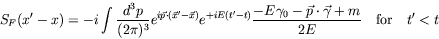 \begin{displaymath}
S_F(x^\prime-x) = -i\int \frac{d^3p}{(2\pi)^3}
e^{i\vec{p}\c...
...}\cdot\vec{\gamma} + m}{2E}
\quad\textrm{for}\quad t^\prime<t
\end{displaymath}