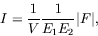\begin{displaymath}
I = \frac{1}{V} \frac{1}{E_1E_2} \vert F\vert ,
\end{displaymath}