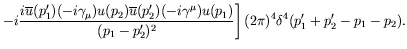 $\displaystyle \left. -i \frac{i\overline{u}(p_1^\prime) (-i\gamma_\mu) u(p_2)
\...
...p_2^\prime)^2}
\right] (2\pi)^4 \delta^4(p_1^\prime + p_2^\prime - p_1 - p_2) .$