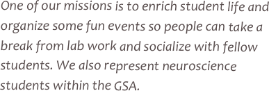 One of our missions is to enrich student life and organize some fun events so people can take a break from lab work and socialize with fellow students. We also represent neuroscience students within the GSA. 