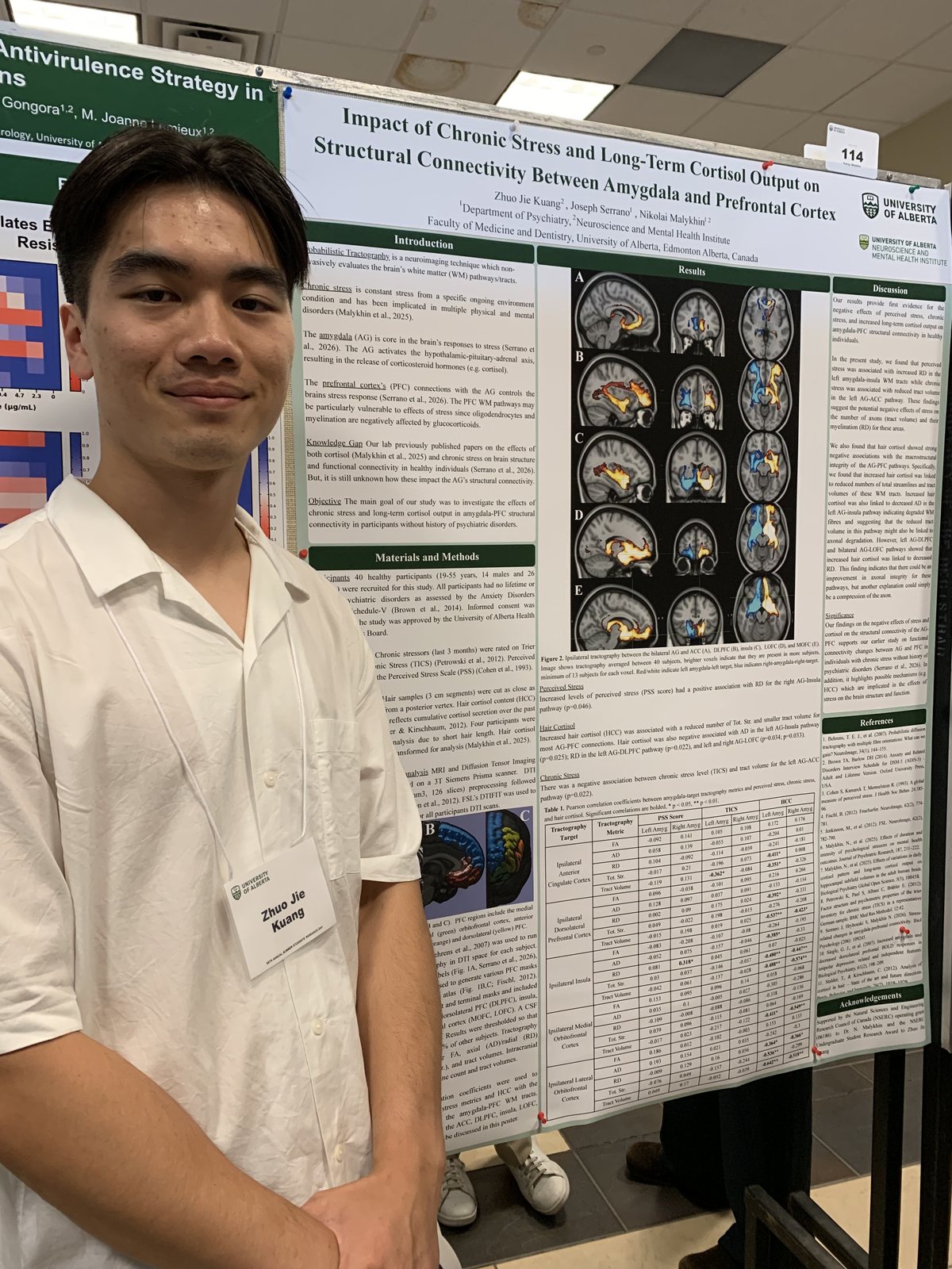 Jacky Kuang standing beside his poster on chronic stress and amygdala–prefrontal connectivity