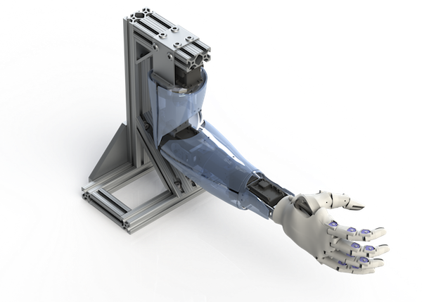 Custom robotic hardware, designed by our group with machine intelligence in mind: the Bento Arm with HANDi Hand (Amii / RLAI / BLINC, University of Alberta).