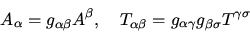 \begin{displaymath}
A_\alpha = g_{\alpha\beta} A^\beta, ~~~ T_{\alpha\beta} = g_{\alpha\gamma}
g_{\beta\sigma} T^{\gamma\sigma}
\end{displaymath}