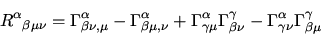 \begin{displaymath}
{R^{\alpha}}_{\beta\mu\nu} = \Gamma^{\alpha}_{\beta\nu , \mu...
...a\nu}
- \Gamma^{\alpha}_{\gamma\nu} \Gamma^{\gamma}_{\beta\mu}
\end{displaymath}