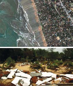 An aerial photograph (top) shows the Sri Lankan coastline. Debris was strewn across the coastline in the aftermath of the 2004 tsunami.