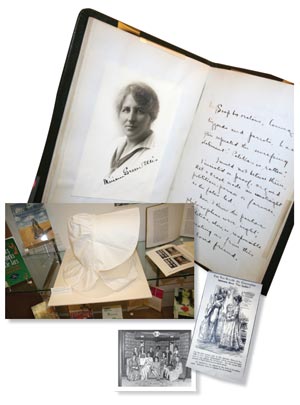 (From top) A 'memory book' kept by Miriam Green Ellis, a pioneer woman journalist who began writing for the Prince Albert Post in 1912, and then for the Edmonton Bulletin in 1917; Sunbonnet worn in Lac La Biche, Alberta, early 20th century; a cartoon from the women's section of the Saturday Mirror (early 20th century); Pembina House Committeee, U of A, 1971/72.