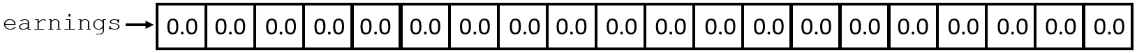 earnings pointing to 20 cells, which are all 0.0