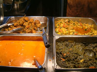 Butter chicken, fried eggplant, and two vegetarian dishes.