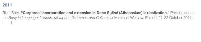 2011
Rice, Sally. “Corporeal incorporation and extension in Dene Sųłiné (Athapaskan) lexicalization.” Presentation at the Body in Language: Lexicon, Metaphor, Grammar, and Culture; University of Warsaw, Poland, 21-22 October 2011.  [pptx]

